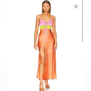 Show Me Your Mumu Calloway Cut Out Dress in Cantaloupe Luxe Satin